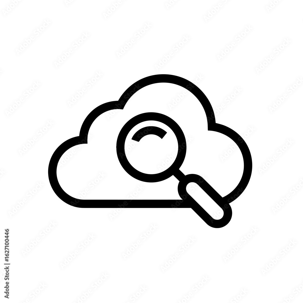 Poster black line drawing depicts a cloud with a magnifying glass analyzing it, concept for cloud computing