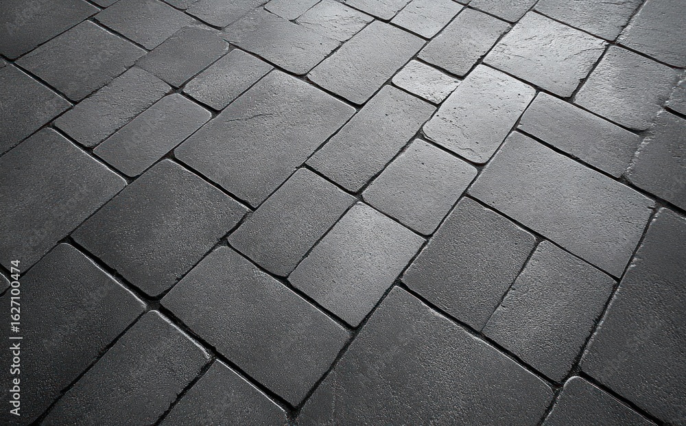 Poster close-up view of wet stone pavement tiles arranged in a staggered pattern reflecting light on a smoo