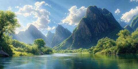Serene river flowing through lush green trees with steep, towering mountains under a blue sky with scattered clouds and sun rays piercing through