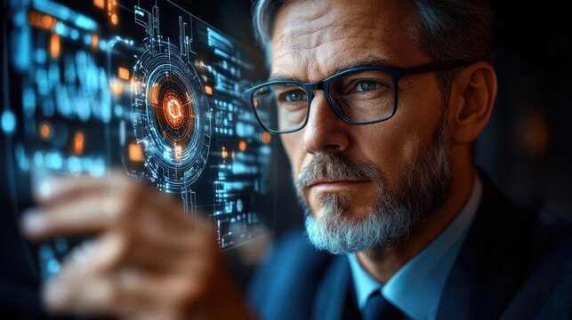Focused man with glasses interacting with a futuristic digital interface displaying glowing blue and orange data and circular technology elements
