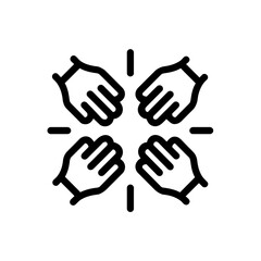 Obraz premium Four hands joining together in a central point, forming a circle of unity and collaboration, concept for teamwork coordination, organizational harmony and community empowerment.