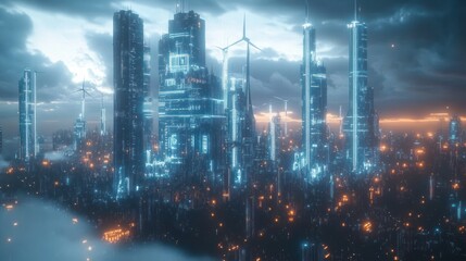 Fototapeta premium Futuristic cityscape with illuminated skyscrapers and wind turbines under a dramatic cloudy sky at dusk, evoking a high-tech and vibrant atmosphere