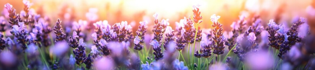 Obraz premium Close-up view of vibrant lavender flowers blooming in a sunlit field with warm golden light in the background