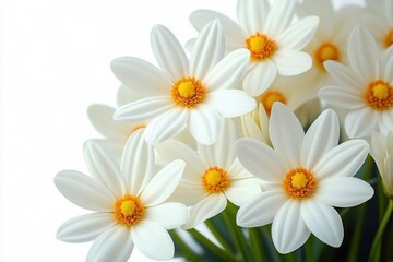 Fototapeta premium Close-up of delicate white flowers with bright yellow centers radiating tranquility and natural beauty against a soft white background