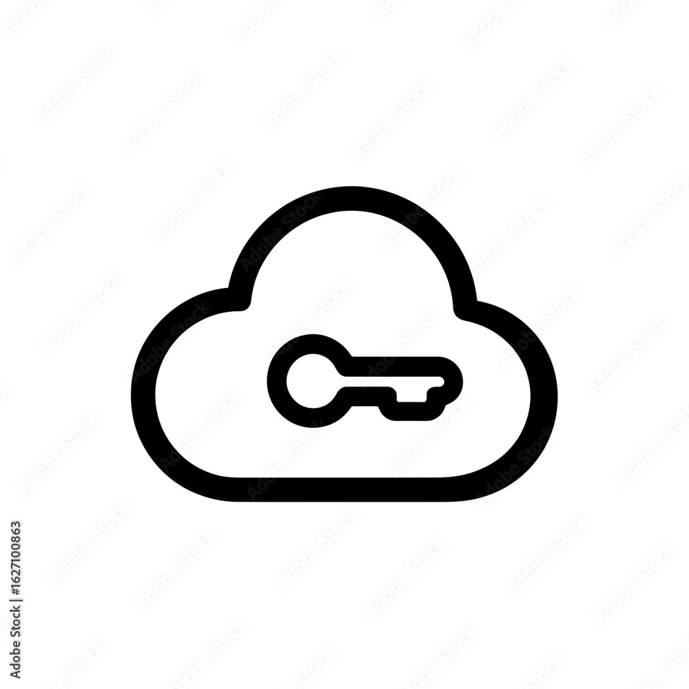 Poster cloud outline icon with a key inside, symbolizing security and access. concept for data protection, 