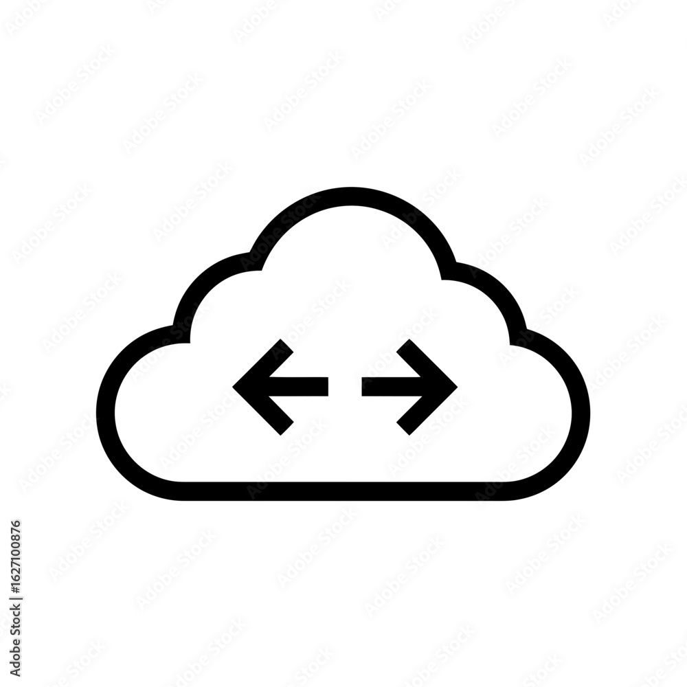 Poster outline illustration of a cloud with left and right facing arrows inside it, concept for data transf