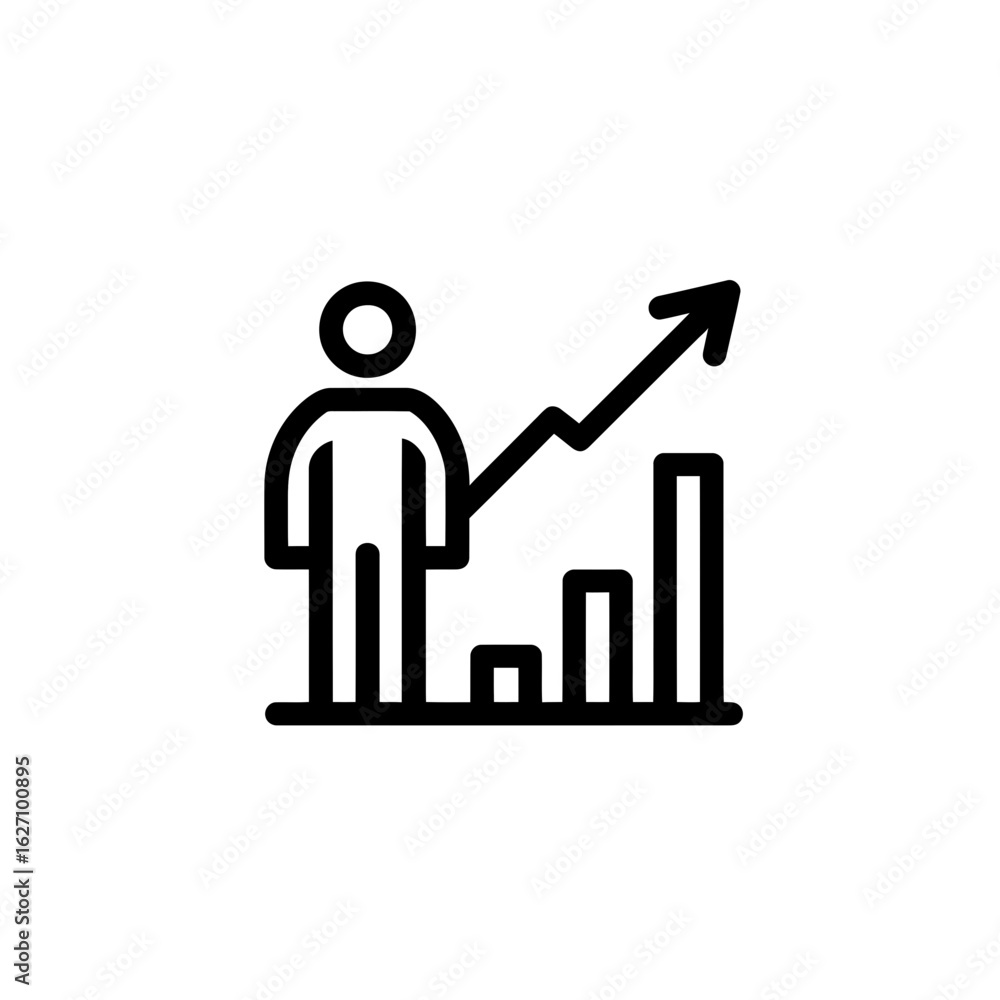 Poster a minimalistic line drawing depicts a standing figure with a rising bar graph and upward arrow, conc