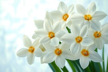 Fototapeta premium Close-up of delicate white flowers with five petals and bright yellow centers against a soft blurred background, evoking purity and freshness
