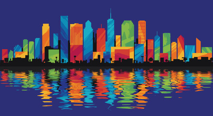 Colorful urban skyline reflection in night water on blue background  