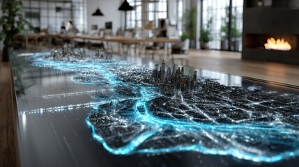 A stunning futuristic city model with luminous water features in modern office setting