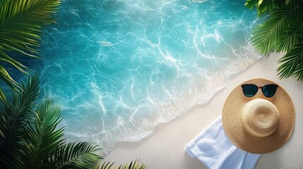Top view of tropical beach with clear blue water, white sand, green palm leaves framing the scene, and a straw hat with sunglasses on a white towel conveying relaxation
