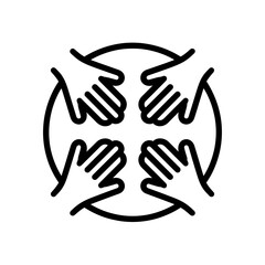 Obraz premium Minimalist graphic illustration depicts four hands arranged in a circle formation, showing collaboration concept for teamwork solidarity, community engagement and collective action.