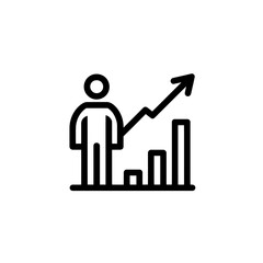 A minimalistic line drawing depicts a standing figure with a rising bar graph and upward arrow, concept for business growth analysis, financial planning and career advancement.
