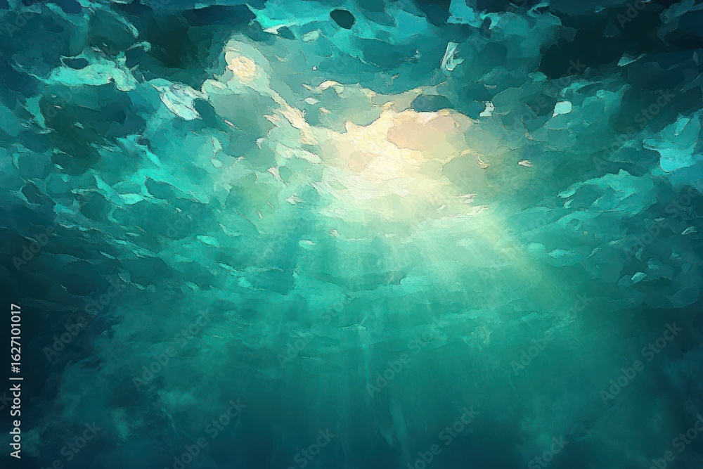 Poster underwater scene with light rays penetrating through the water surface creating an ethereal and calm