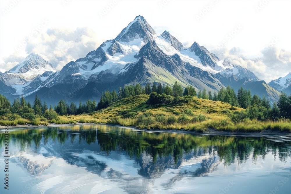 Aufkleber snow-capped mountain range reflected in a calm lake with green hills and pine trees under a partly c