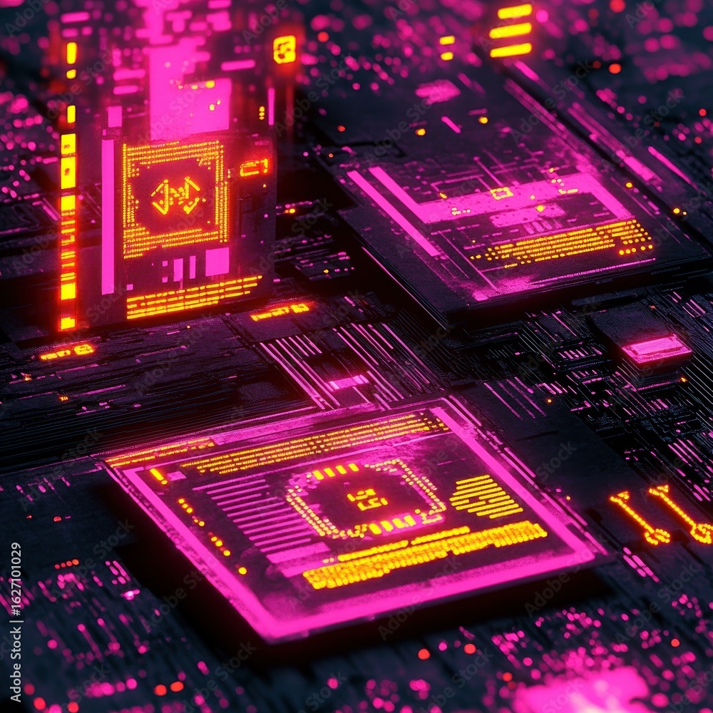 Poster close-up view of illuminated circuit boards with glowing neon pink and orange electronic components 