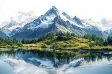 Fototapeta premium Snow-capped mountain range reflected in a calm lake with green hills and pine trees under a partly cloudy sky
