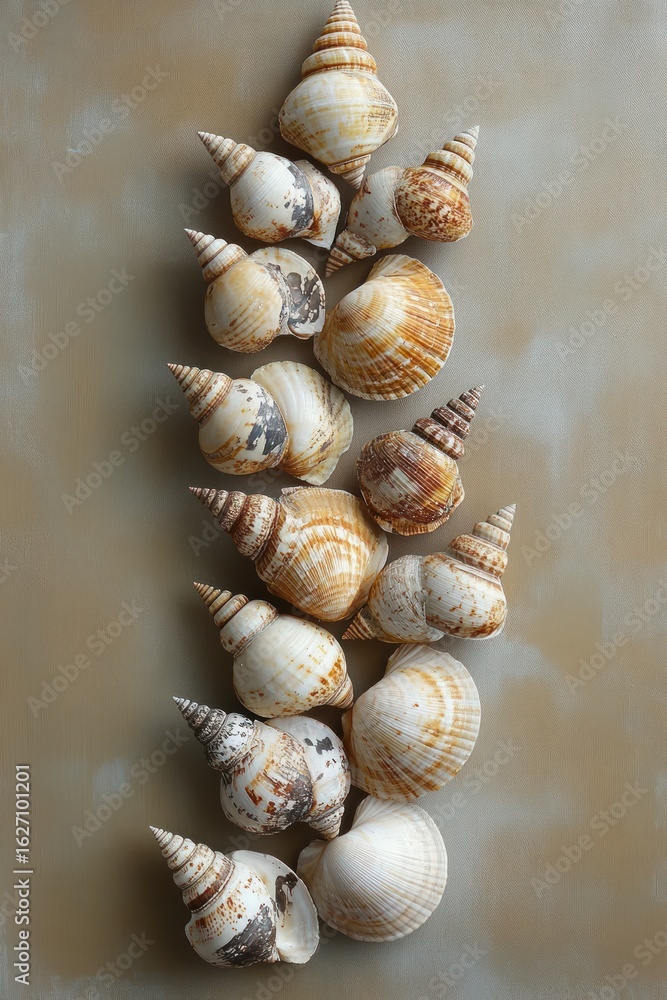 Poster Collection of various seashells with spiral and smooth shapes arranged vertically on a neutral beige background showing natural patterns and textures