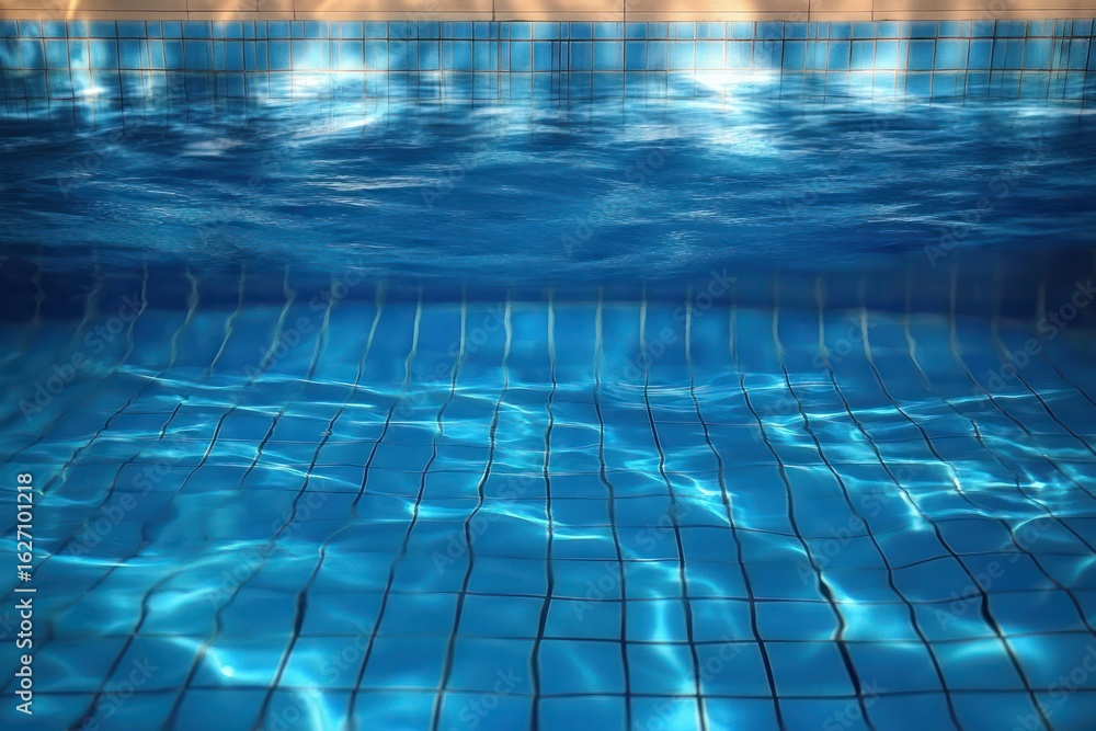 Poster close-up view of a clean tiled swimming pool reflecting sunlight on rippling water creating serene a