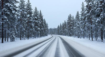 Obraz premium Luxury road with snow in Finland. Landscape of Lapland in Europe. Forest along highway during ride. Snowy trip. Cold driveway. Driving in Finnish motorway on north Rovaniemi village. View with tree