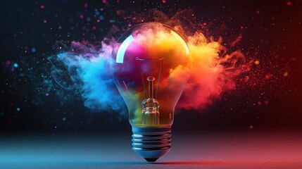 Close-up of a light bulb with vibrant blue and orange powder explosions creating a dynamic and colorful visual effect symbolizing creativity and energy