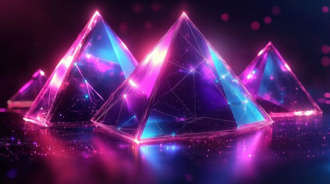Glowing translucent pyramids with neon pink and blue light reflections on a dark surface, creating a futuristic and mystical atmosphere