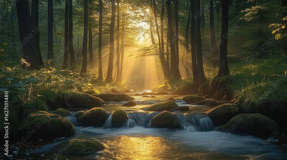 Poster sunlight filtering through tall trees illuminating a serene forest stream with moss-covered rocks an