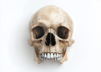Obraz premium A detailed front view of a light brown human skull with prominent large canine teeth set against a plain white background, evoking a sense of anatomy and natural history