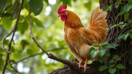 Fototapeta premium A golden brown chicken roosting on a tree branch, surrounded by lush green leaves and vines , outdoors, rustic, outdoors, rustic