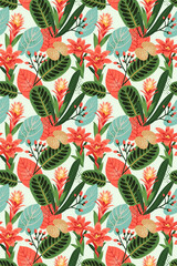 Seamless Pattern of Tropical Leaves and Red Flowers in a Lush Exotic Garden Design

