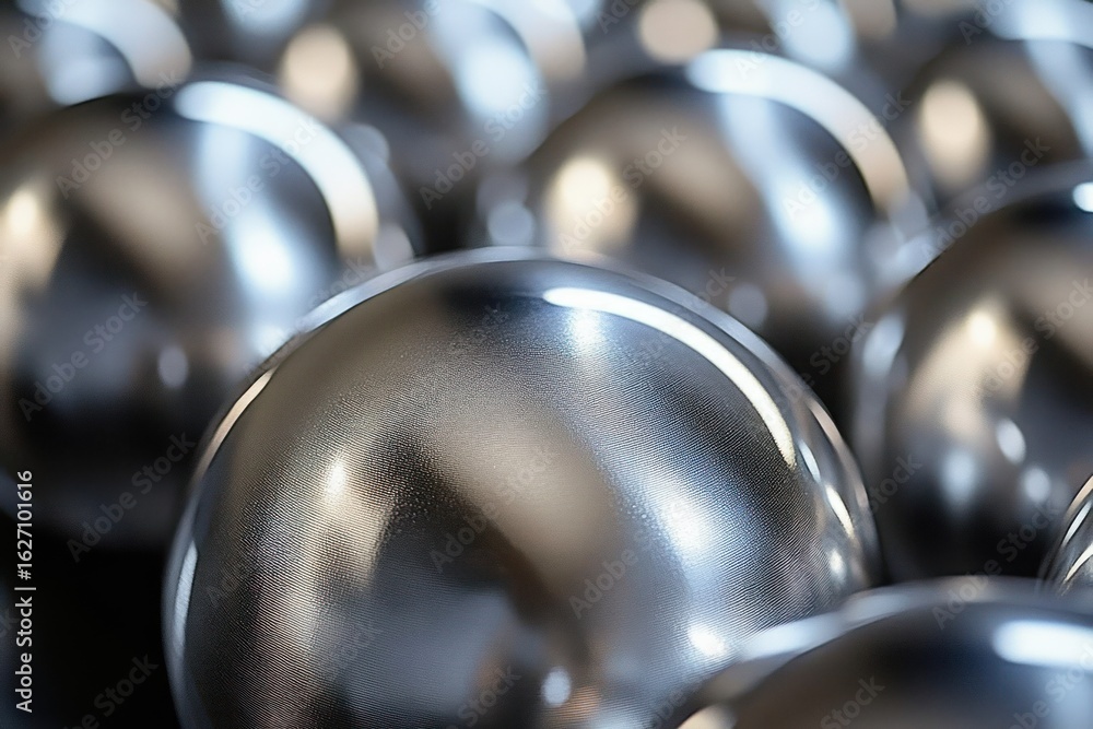Poster close-up view of shiny, metallic spheres arranged in a clustered formation reflecting light with a s