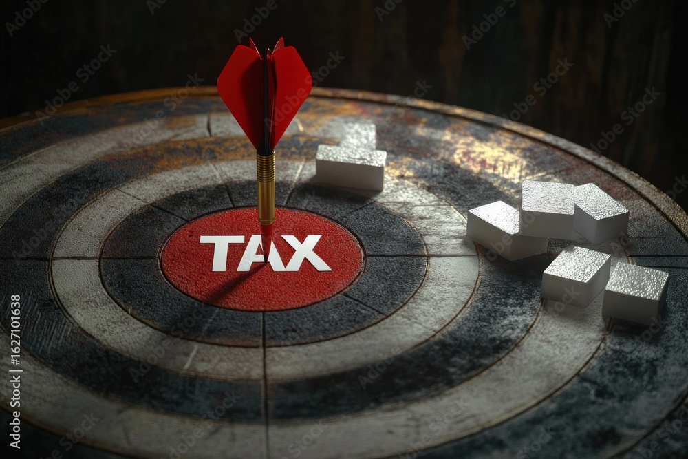 Poster red dart hitting the center labeled tax on a worn circular target with scattered white arrow-shaped 