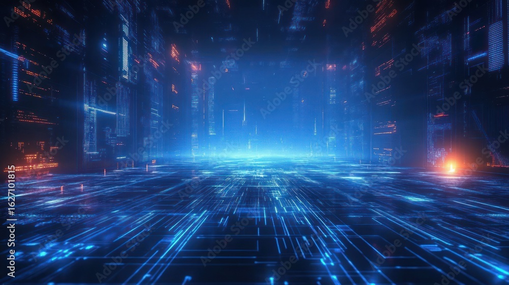 Aufkleber futuristic digital corridor with glowing blue and orange circuit-like patterns creating a high-tech 