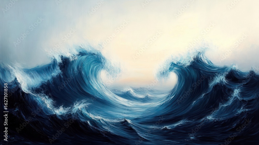 Poster powerful ocean waves curling and crashing under a soft, light sky, creating a dynamic and intense se