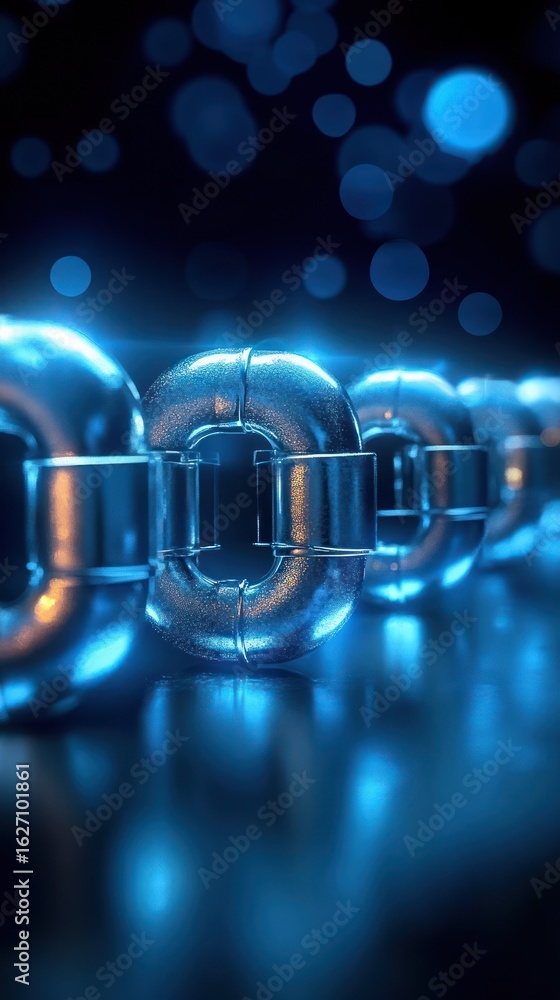 Poster close-up of a shiny metallic chain link with blue bokeh lights in a futuristic and reflective enviro