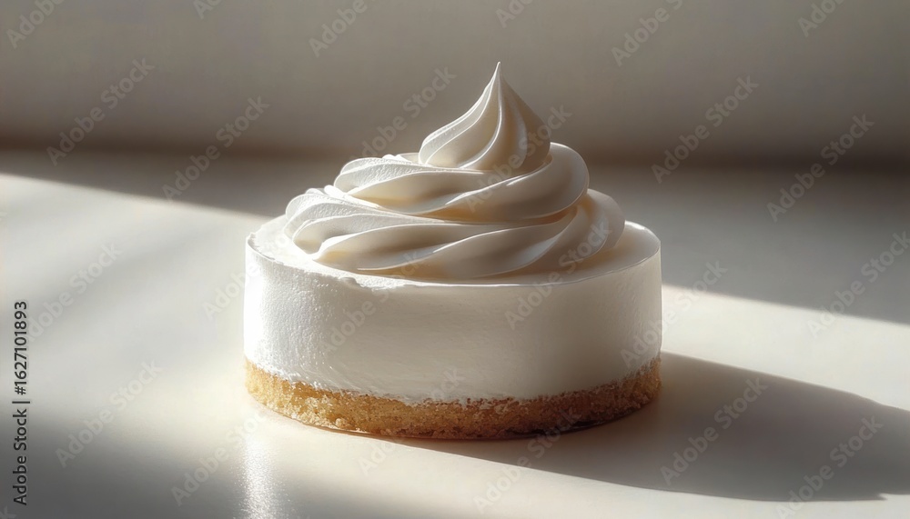Poster single round dessert with smooth white cream and a swirl of whipped topping on a light surface casti