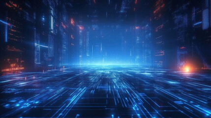 Futuristic digital corridor with glowing blue and orange circuit-like patterns creating a high-tech immersive environment