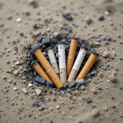 Cigarette butts are partially buried in a sandy surface, surrounded by scattered ash.