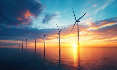 Obraz premium Row of offshore wind turbines standing in calm sea water at sunset with colorful sky and clouds reflecting on the water