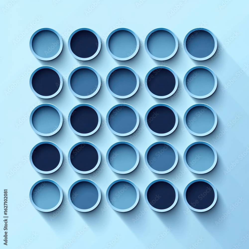 Poster abstract grid of circular cutouts in varying blue shades with shadows creating a sense of depth and 