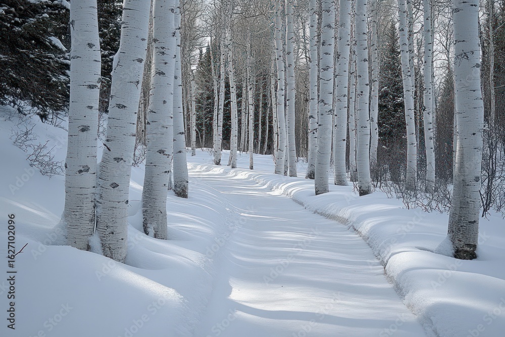 Poster snow-covered path winding through a dense grove of tall birch trees with soft shadows under a clear 