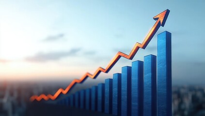 Blue 3D bar graph with orange upward trending arrow showing steady growth and positive financial progress against a blurred cityscape background