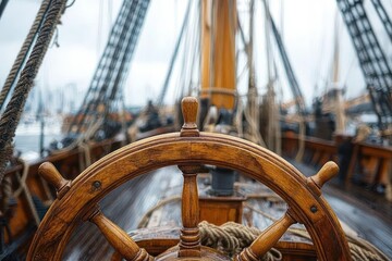 close-up view of a wooden ship's wheel with ropes and rigging on an old sailing vessel under a cloudy sky