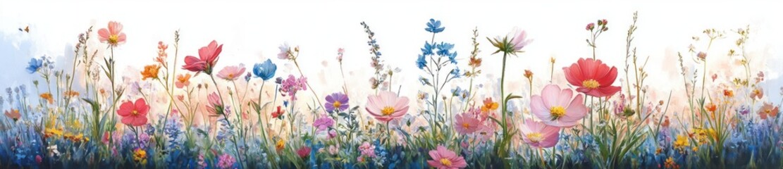 Delicate wildflowers in various vibrant colors bloom against a soft pastel sky, evoking a peaceful and uplifting springtime atmosphere