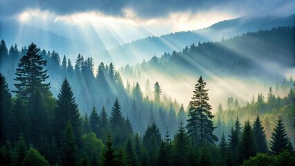 Naklejka premium Majestic sunbeams pierce foggy mountain forest, creating a mystical, serene natural landscape.