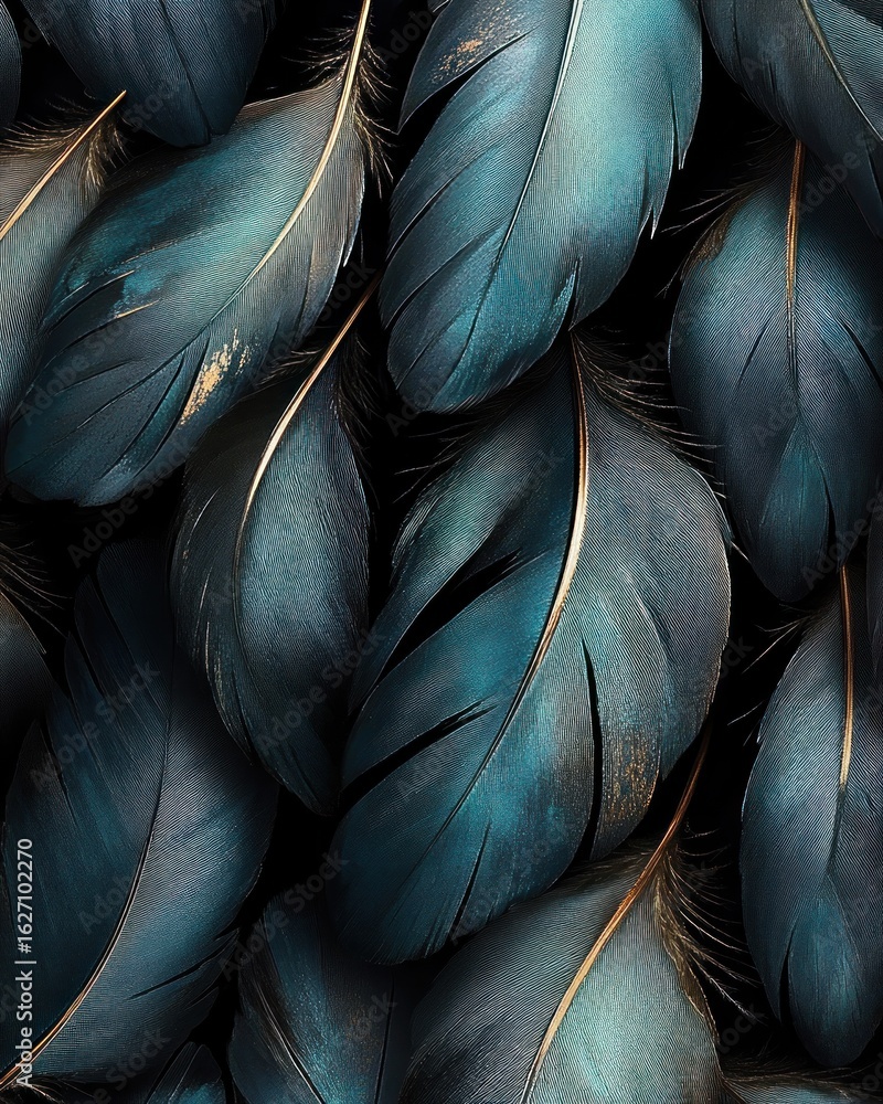 Poster close-up view of overlapping iridescent blue and black bird feathers with delicate gold highlights, 