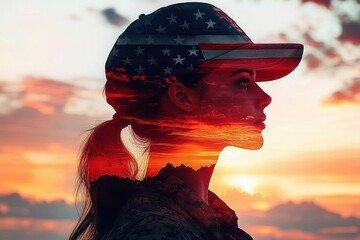 Profile of a young woman wearing a cap with an American flag pattern, with a vibrant sunset and mountain landscape creatively overlaid within her silhouette, conveying contemplation and patriotism