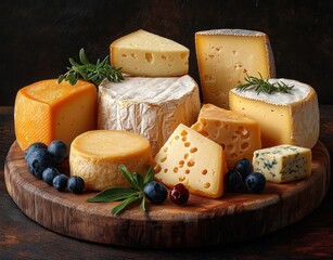 Assortment of various cheese types including brie, swiss, and blue cheese on a rustic wooden board with sprigs of herbs and fresh blueberries creating a cozy and inviting atmosphere