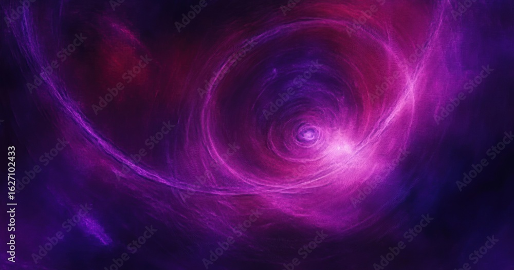 Poster swirling cosmic vortex with glowing purple and pink clouds blending into deep space creating a myste