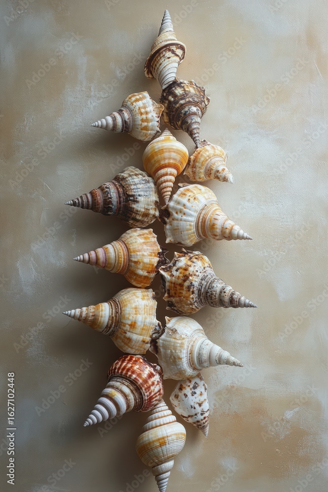 Poster collection of variously colored spiral seashells arranged vertically on a textured beige surface wit